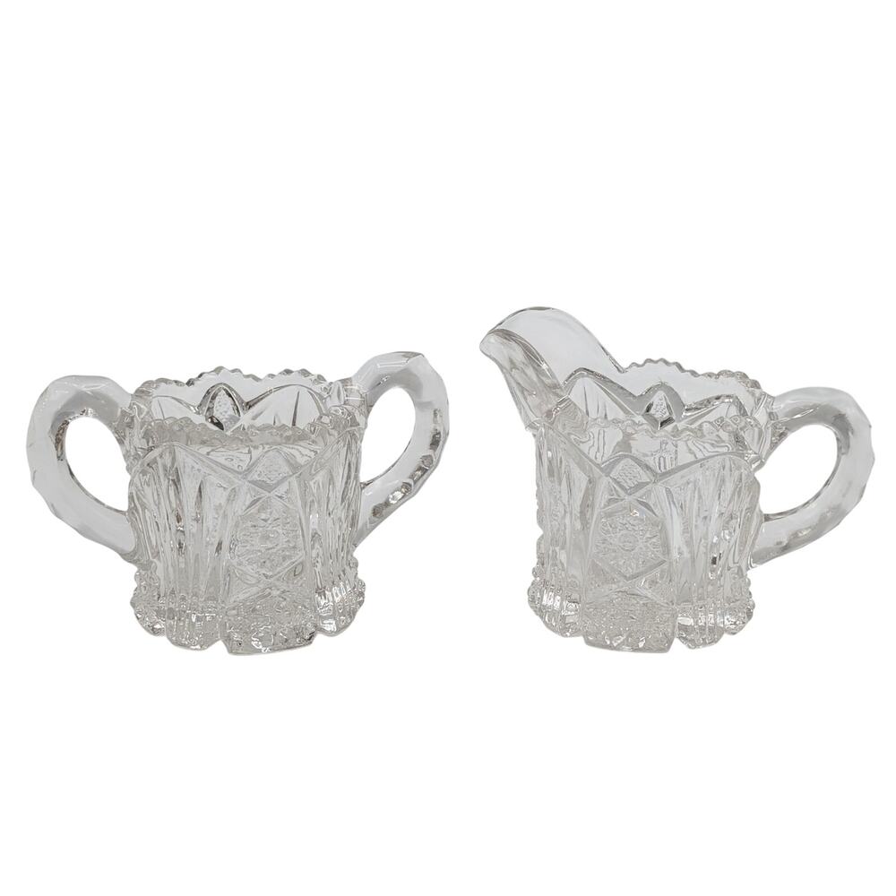 Vtg EAPG Imperial Glass Nucut Hobstar Button Clear Creamer Pitcher & Sugar Set
